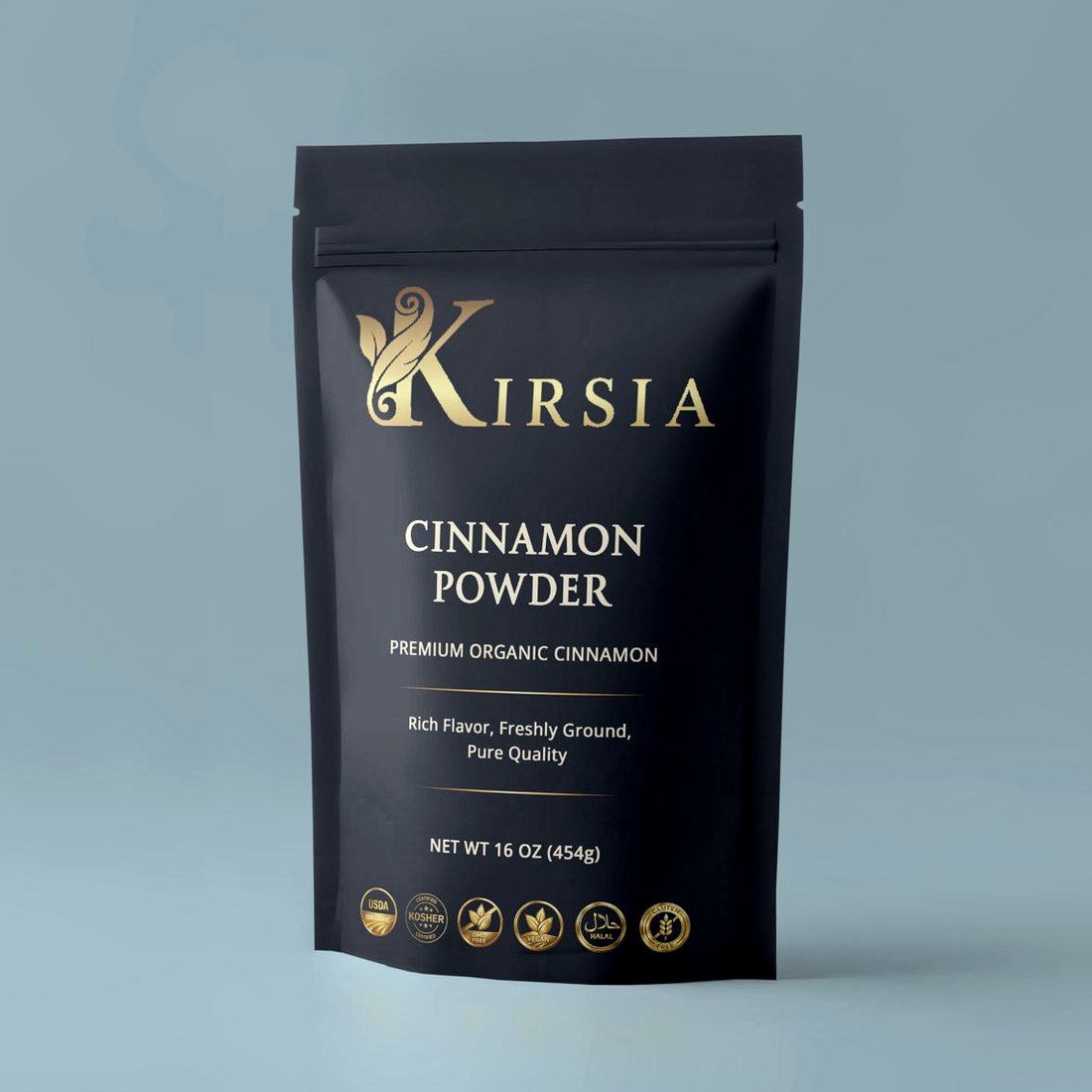 Kirsia cinnamon powder in a navy stand-up pouch with gold lettering, 16 oz.